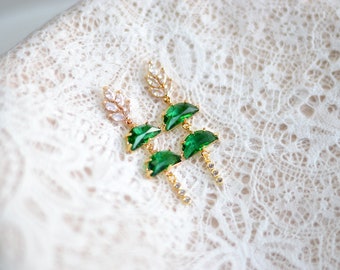 Emerald Green Crystal Earrings, Gold CZ Leaf Bridal Earrings, Art Deco Drop Earrings, Bohemian Woodland Wedding Jewelry