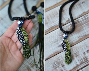 Beaded peacock necklace pendant embroidered bird animal lariat jewelry Statement summer bright funny beadwork