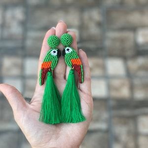 Beaded green parrot bird embroidered statement earrings