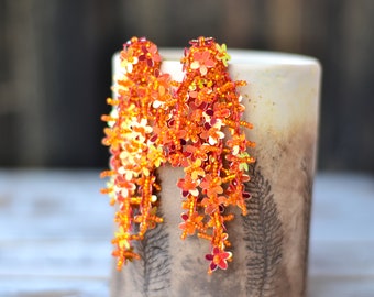 Flame orange floral drop sequins earrings Bright statement unique oscar earrings