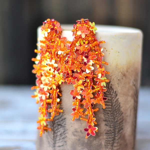 Flame orange floral drop sequins earrings Bright statement unique oscar earrings