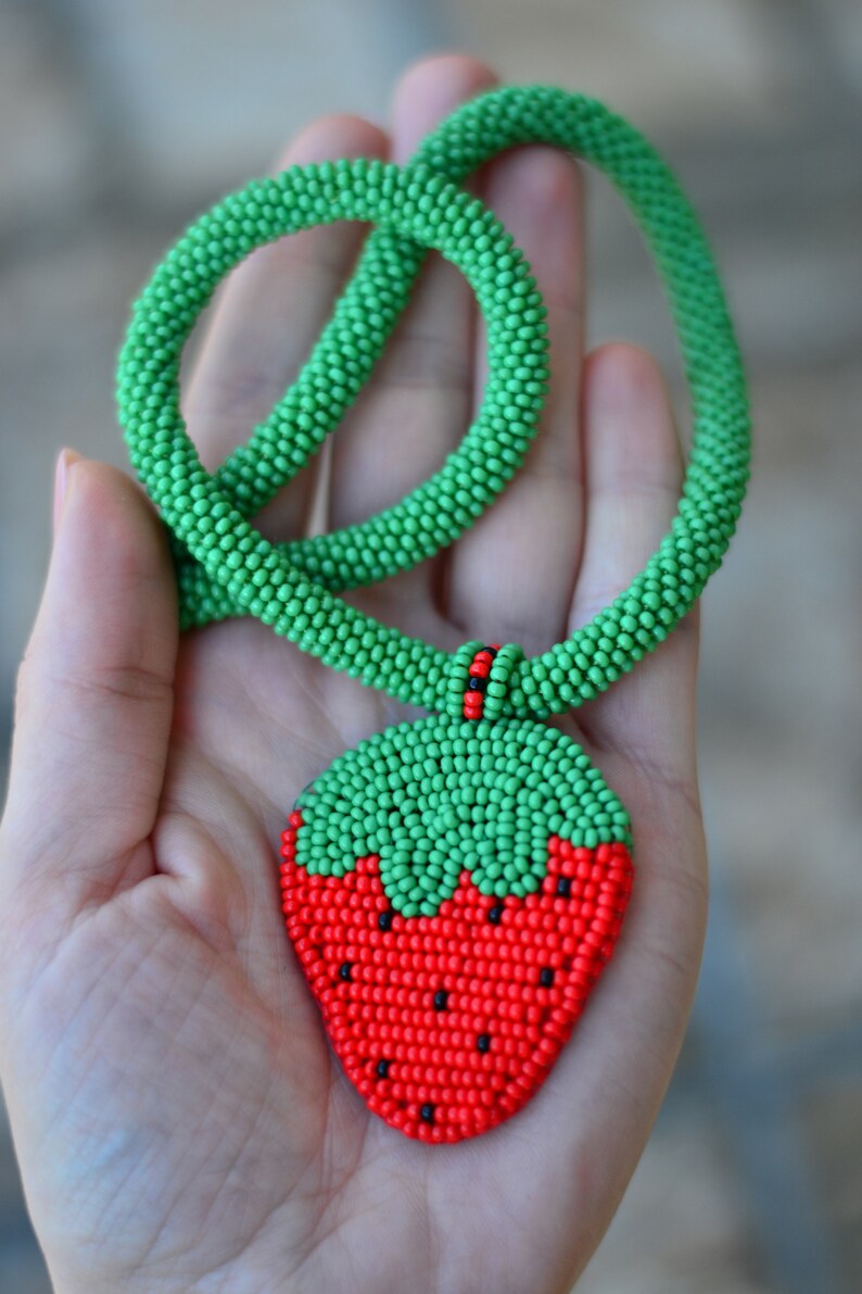 Beaded fruit lemon strawberry watermelon orange necklace pendant embroidered citrus chocker jewelry Statement summer funny necklace image 9