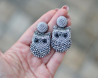 Silver Owl Feather Earrings, Beaded Owl Statement Earrings, Woodland Glam Jewelry, Crystal Bird Earrings, Boho Feather Dangles