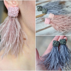 Feather earrings Square Natural ostrich Pale pink Steel grey bohemian earrings Beaded dangle drop tassel Trend statement accessory jewelry