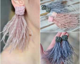 Feather earrings Square Natural ostrich Pale pink Steel grey bohemian earrings Beaded dangle drop tassel Trend statement accessory jewelry