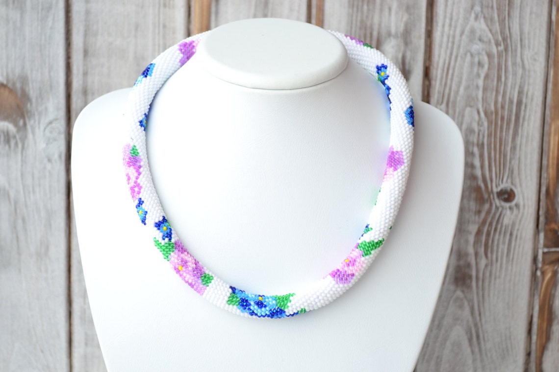 Pansy Beaded Crochet Rope Necklace Jewelry White Blue Violet Etsy