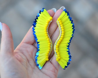 Wings earrings Ukrainian blue yellow flag sequins earrings