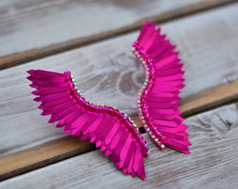 Hot Pink Fuchsia Wings Earrings/ Sequined Prom Night Jewelry/ Gift for Her