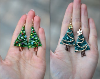 Christmas tree earrings Beaded green Xmas gift earrings Statement crystal New Year jewelry