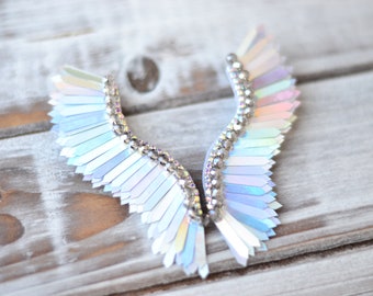 Wings earrings Sequins iridescent silver rainbow Huge chunky rainbow earrings