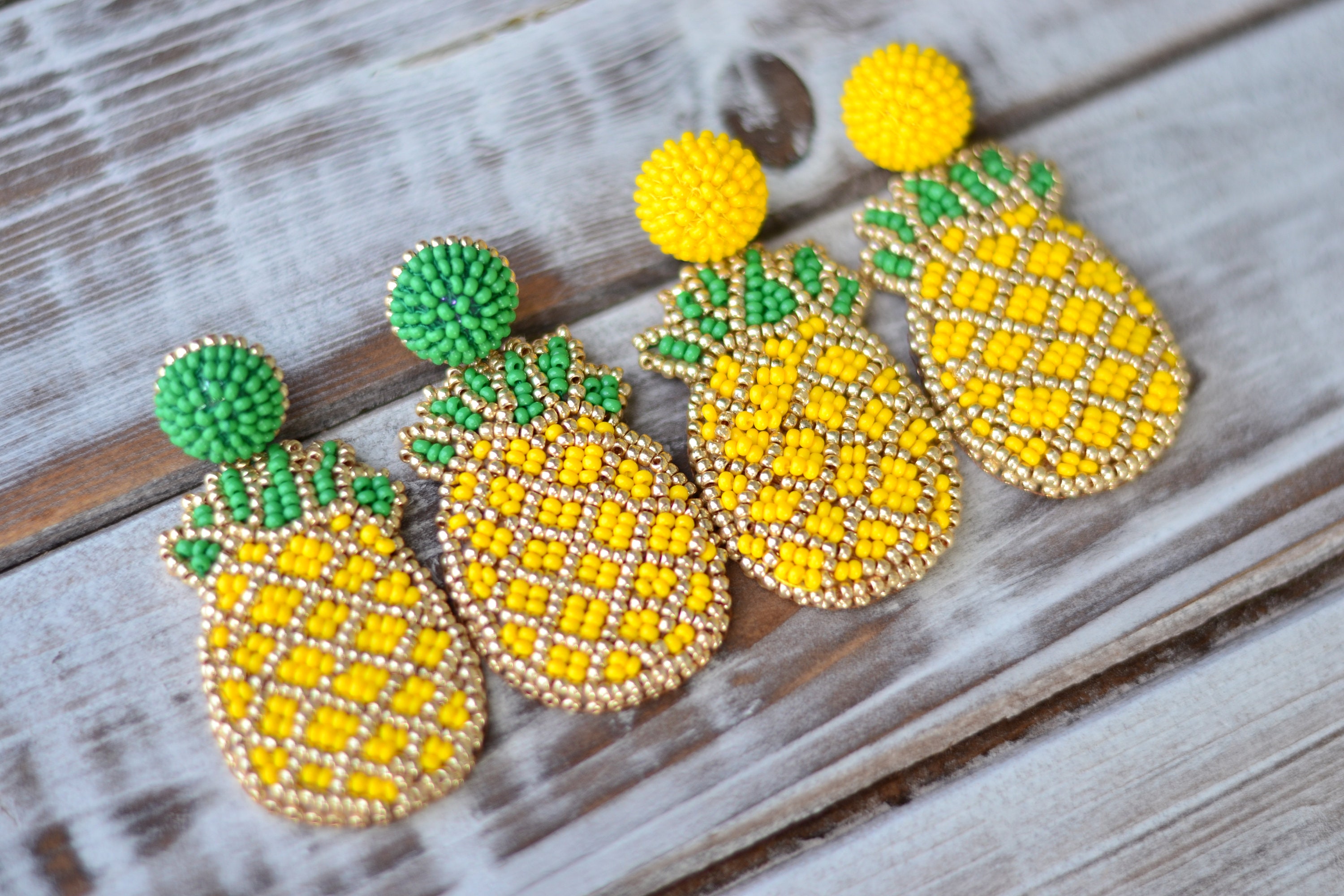 Beaded pineapple fruit earrings Yellow embroidered tropical citrus jewelry Chunky big Statement summer bright funny drop dangle beadwork