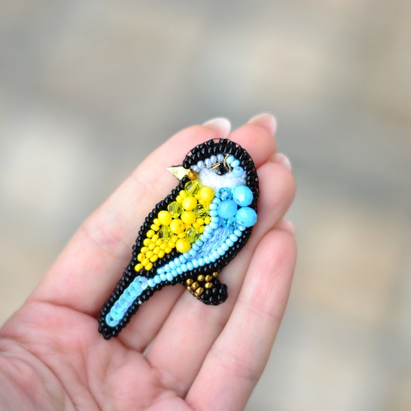 Bird brooch pin Tit titmouse beaded embroidered yellow blue brooch jewelry Statement vintage brooch beadwork