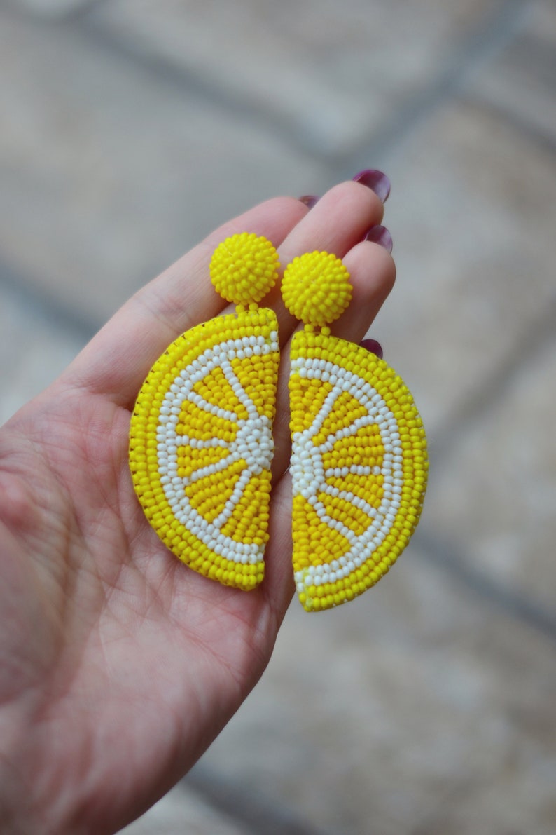 Beaded Lemon Fruit Earrings Yellow Embroidered Tropical Citrus Etsy