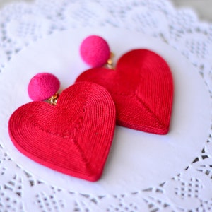 Heart earrings Red hot pink cora Fashion trendy Chunky big love Cord clip on earrings Rebecca de Ravenel Drop dangle statement jewelry image 5