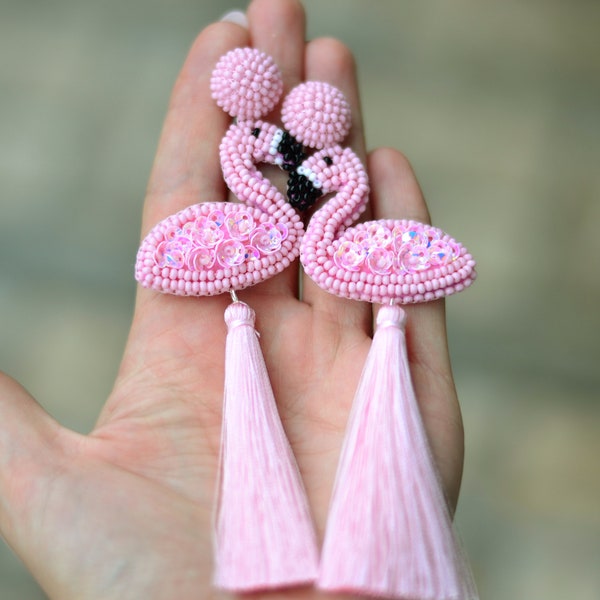 Beaded flamingo tassel earrings