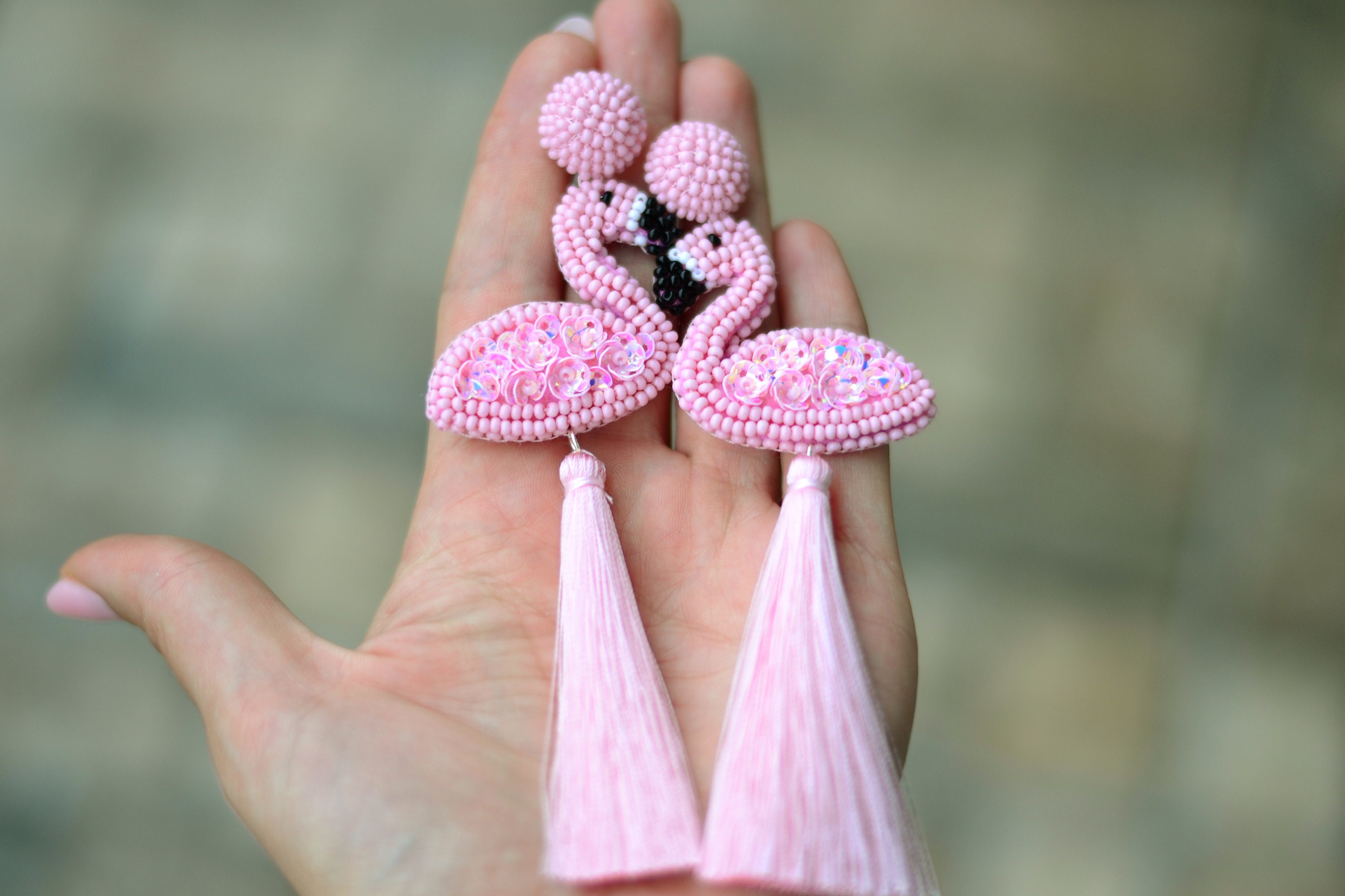 Beaded Flamingo Tassel Earrings | Etsy