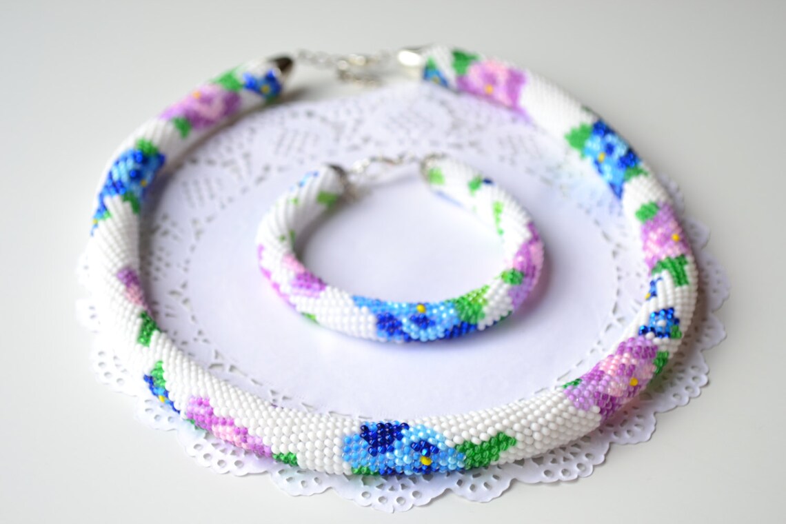 Pansy Beaded Crochet Rope Necklace Jewelry White Blue Violet Etsy