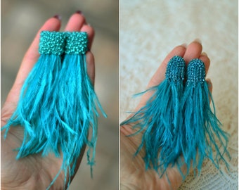 Turquoise ostrich feather earrings watterfall beaded clip on Bohemian boho tassel Statement woman gift jewelry