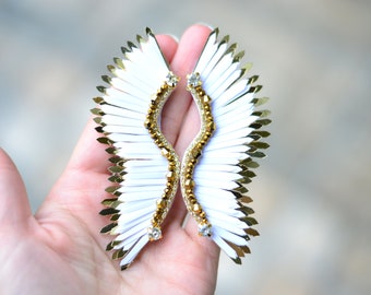 Sequin Angel Wings Earrings: White & Gold Statement Earrings