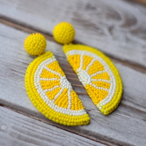 Beaded lemon fruit earrings Yellow embroidered tropical citrus jewelry Chunky big Statement summer bright funny drop dangle beadwork