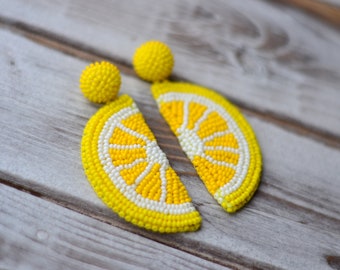 Beaded lemon fruit earrings Yellow embroidered tropical citrus jewelry Chunky big Statement summer bright funny drop dangle beadwork