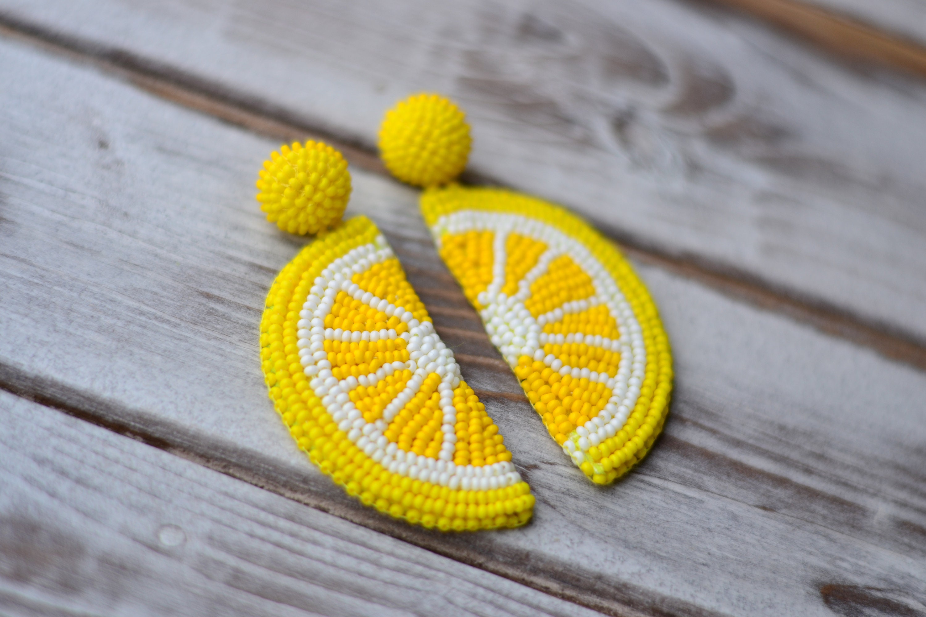 Beaded lemon fruit earrings Yellow embroidered tropical citrus jewelry Chunky big Statement summer bright funny drop dangle beadwork