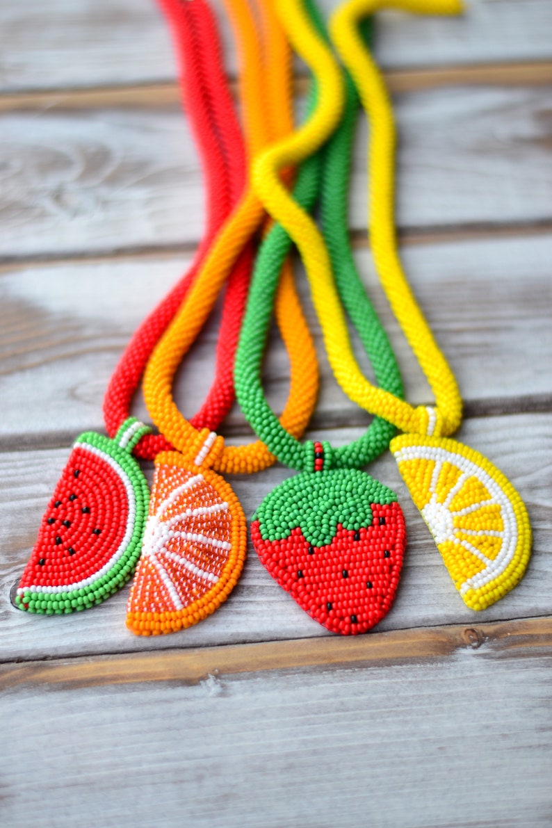 Beaded fruit lemon strawberry watermelon orange necklace pendant embroidered citrus chocker jewelry Statement summer funny necklace image 1