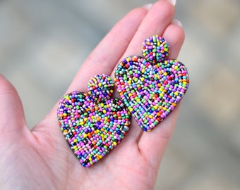 Beaded multicolour heart earrings Fashion trendy love clip on earrings statement jewelry