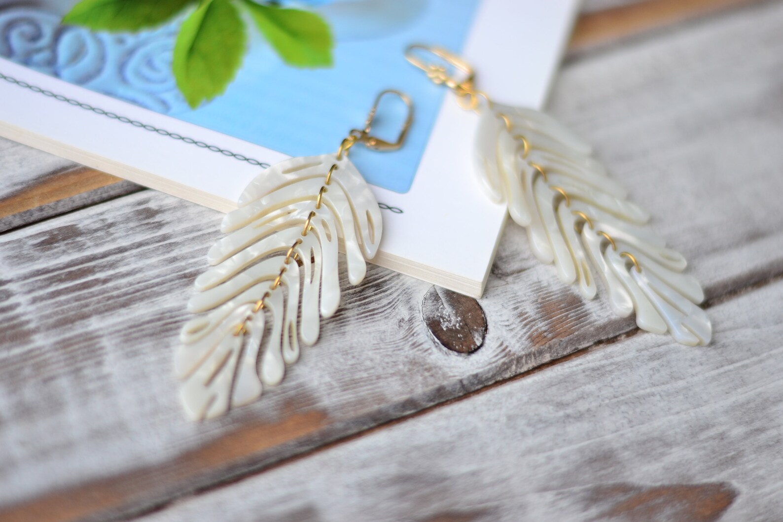 Palm Leaf Earrings Tropical Green White Statement Earrings - Etsy