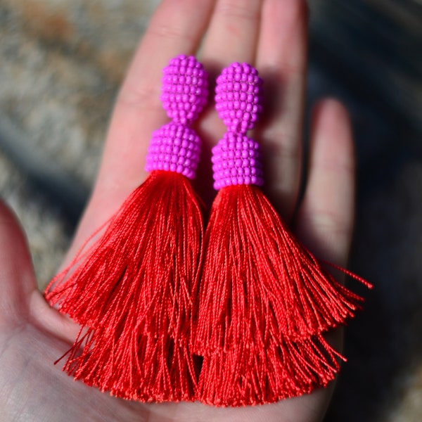 Tiered silk tassel beaded earrings Two layers red pink fuchsia statement earrings Oscar style Layered trendy earrings