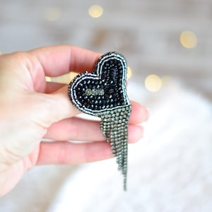 Beaded black heart brooch pin / Valentine&#39;s gift idea/ Unique designer embroidered crystal heart brooch pin