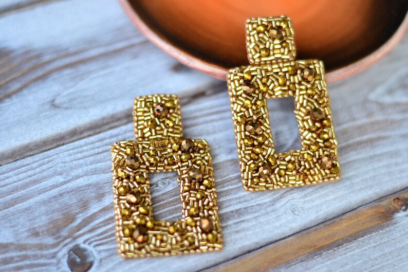 Statement Geometric Gold Beaded Crystal Earrings Rectangle Etsy