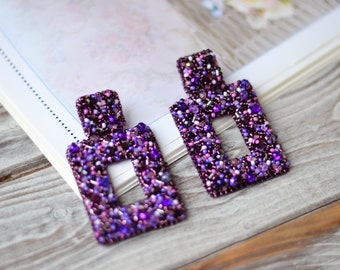 Statement geometric beaded crystal earrings Purple violet lilac rectangle drop earrings