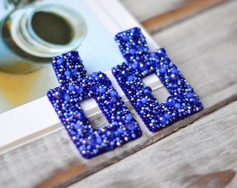 Statement blue geometric beaded crystal earrings, rectangle drop rhinestones earrings, prom earrings, bridesmaids gift