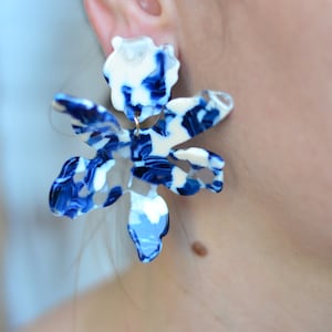 Paper lily earrings Blue white acetate Flower drop earrings