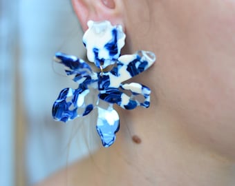 Paper lily earrings Blue white acetate Flower drop earrings