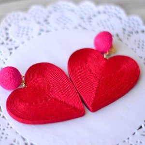 Heart earrings Red hot pink cora Fashion trendy Chunky big love Cord clip on earrings Rebecca de Ravenel Drop dangle statement jewelry image 1