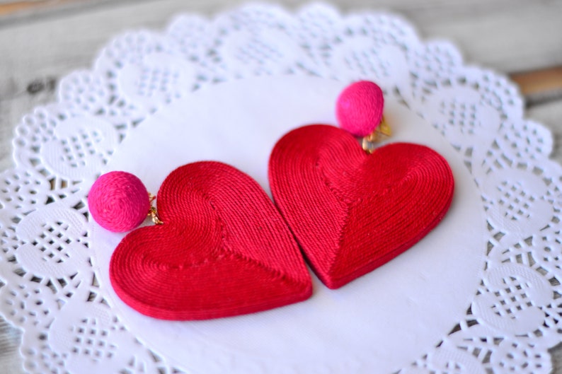 Heart earrings Red hot pink cora Fashion trendy Chunky big love Cord clip on earrings Rebecca de Ravenel Drop dangle statement jewelry image 1