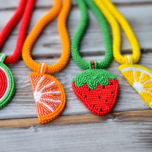 Beaded fruit lemon strawberry watermelon orange necklace pendant embroidered citrus chocker jewelry Statement summer funny necklace image 2