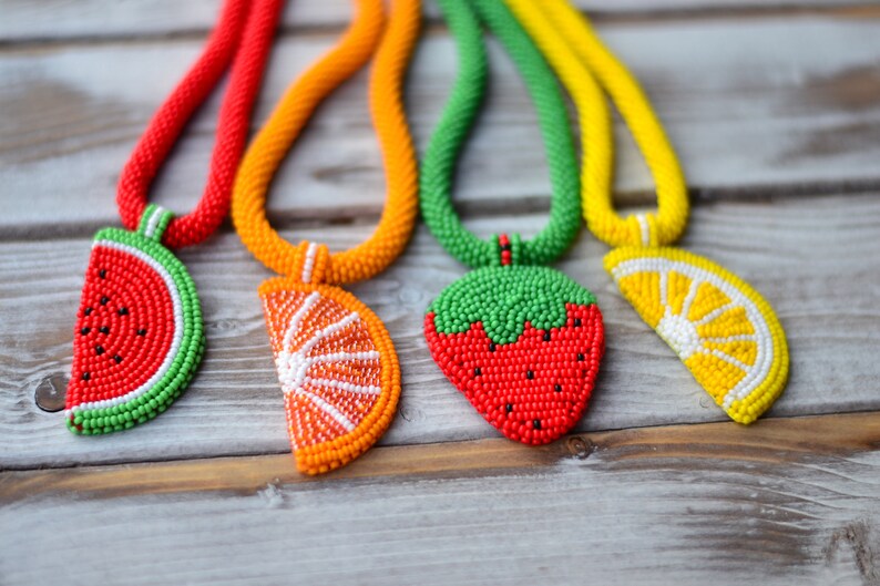 Beaded fruit lemon strawberry watermelon orange necklace pendant embroidered citrus chocker jewelry Statement summer funny necklace image 2