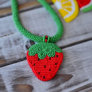 Beaded fruit lemon strawberry watermelon orange necklace pendant embroidered citrus chocker jewelry Statement summer funny necklace strawberry