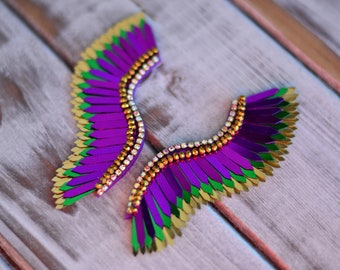 Mardi Gras wings earrings statement sequin earrings