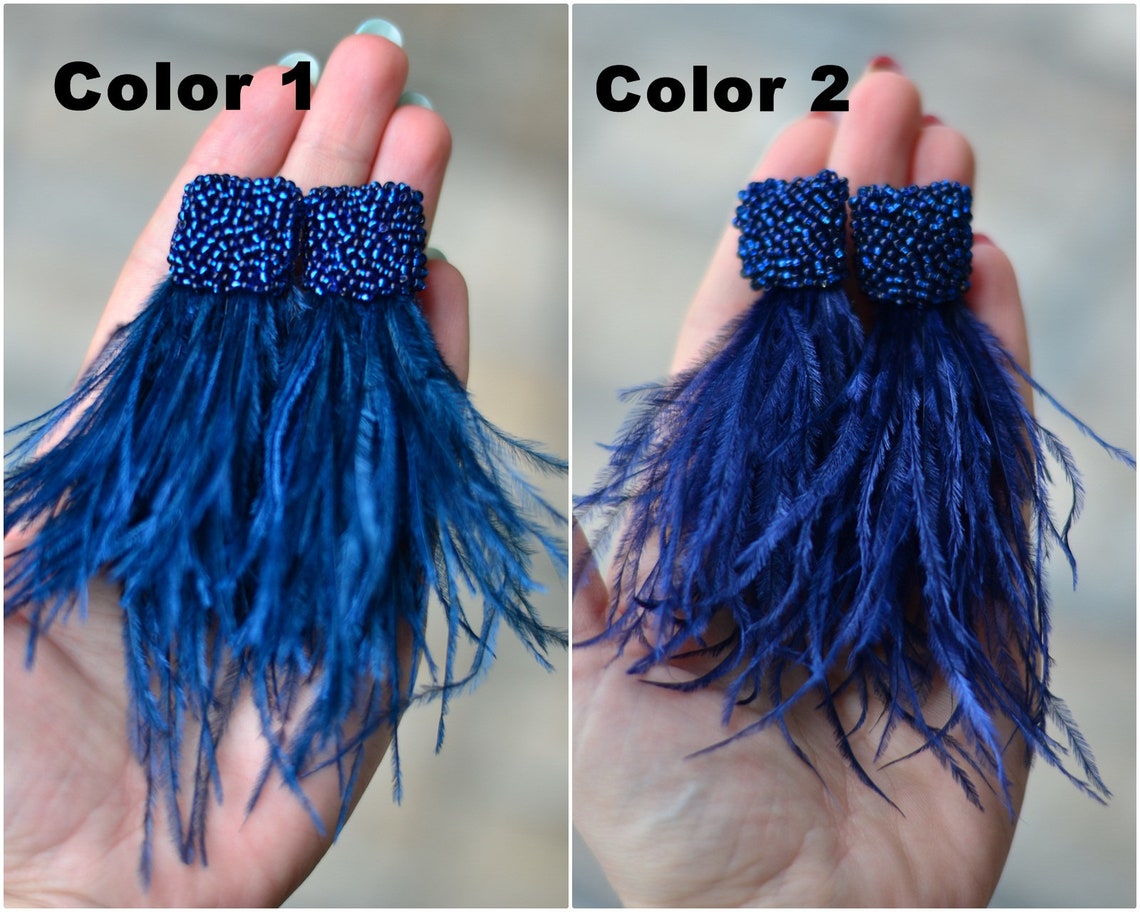 Natural Feather Earrings Navy Dark Blue Waterfall Beaded Clip Etsy