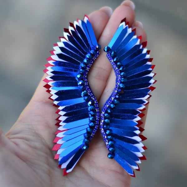 4th of July Wings earrings Sequins American flag red white blue earrings