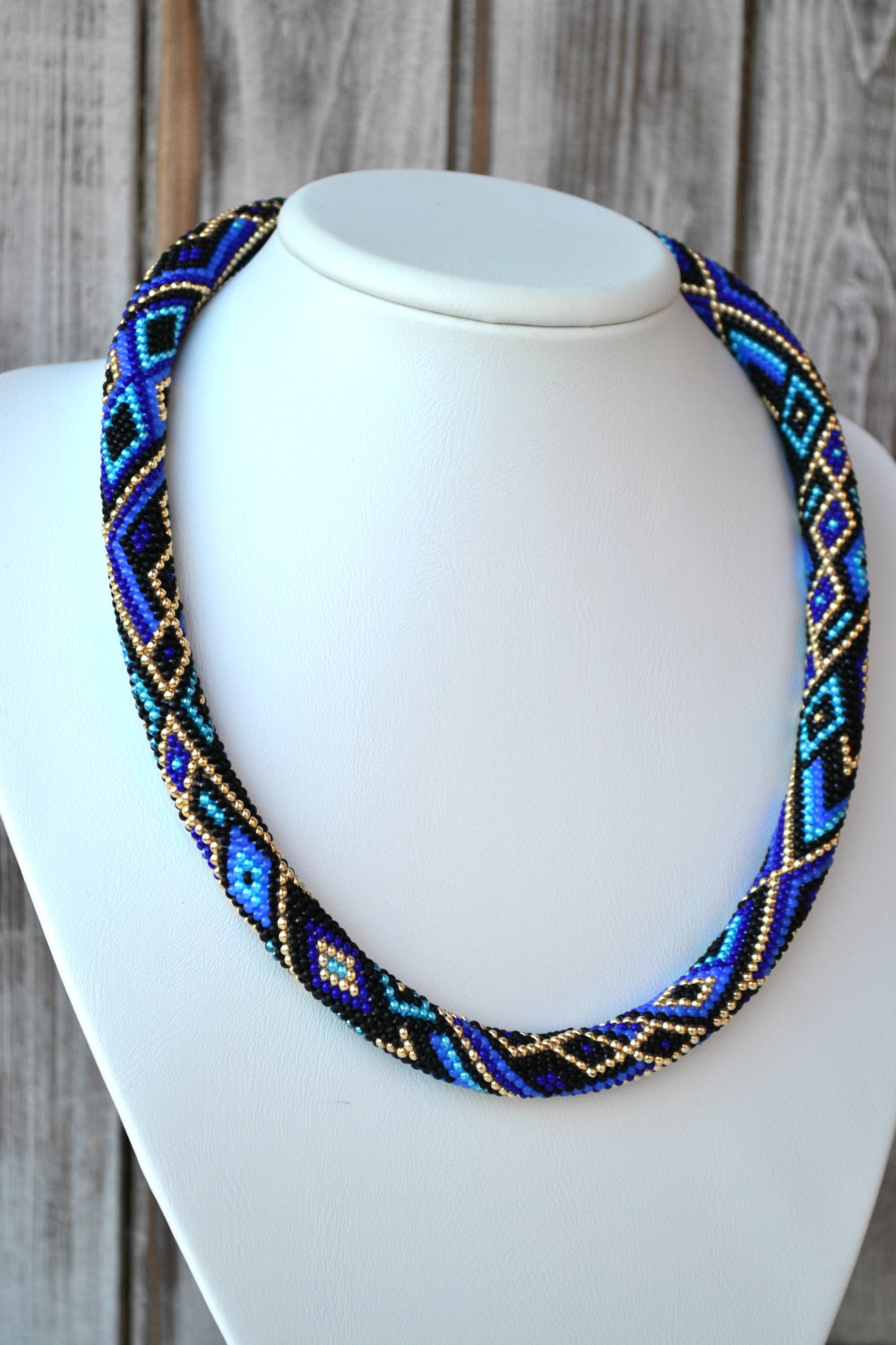 Beaded Crochet Rope Necklace Royal Blue Gold Black Geometric Etsy