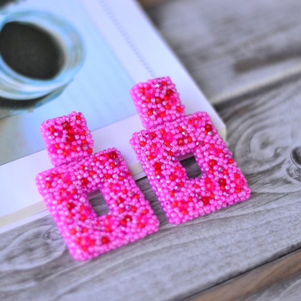 Beaded rectangle earrings Hot pink red clip on statement Prom earrings