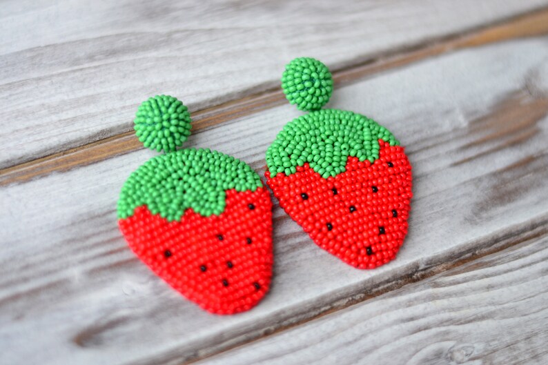 Beaded strawberry earrings Embroidered fruit jewelry Statement | Etsy