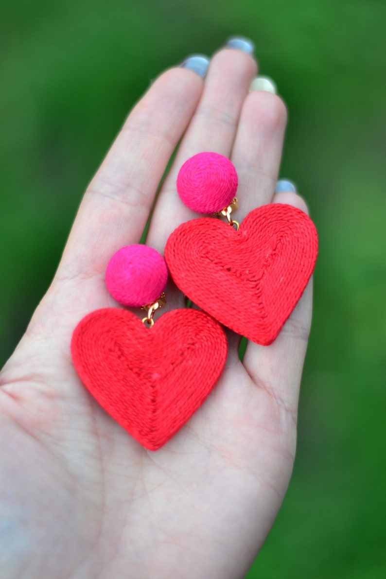 Heart earrings Red hot pink cora Fashion trendy Chunky big love Cord clip on earrings Rebecca de Ravenel Drop dangle statement jewelry image 3
