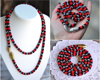 Snake beaded long necklace lariat Red aspid seed bead neckpiece beadwork jewelry Statement trend necklace gift for her women