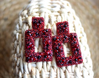 Statement rectangle beaded red blue earrings geometric drop earrings